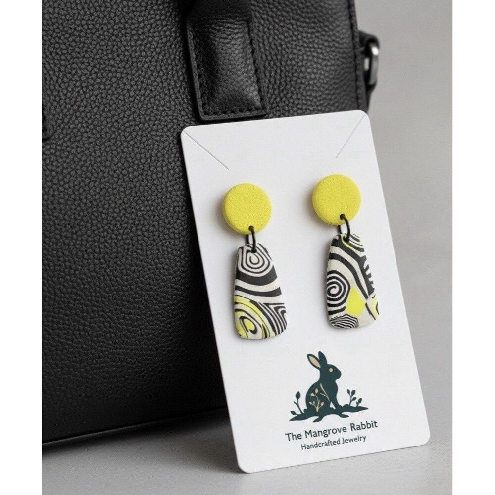 Handmade Yellow Black White Graphic Polymer Clay Statement Dangle Earrings